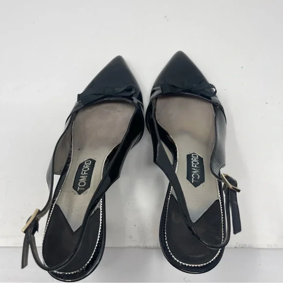 Tom Ford Black patent leather with bow sling back heels sz 40
